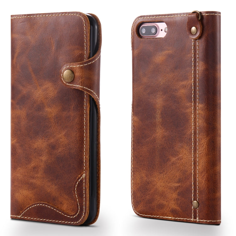  8 Plus Denior Oil Wax Cowhide Magnetic Button Horizontal Flip Leather Case with Card Slots & Wallet(Brown) Eurekaonline