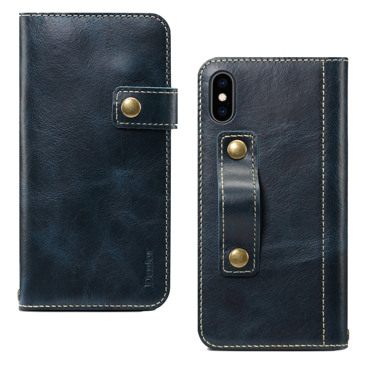 For iPhone X / XS Denior Oil Wax Cowhide DK Magnetic Button Horizontal Flip Leather Case with Holder & Card Slots & Wallet(Dark Blue) Eurekaonline