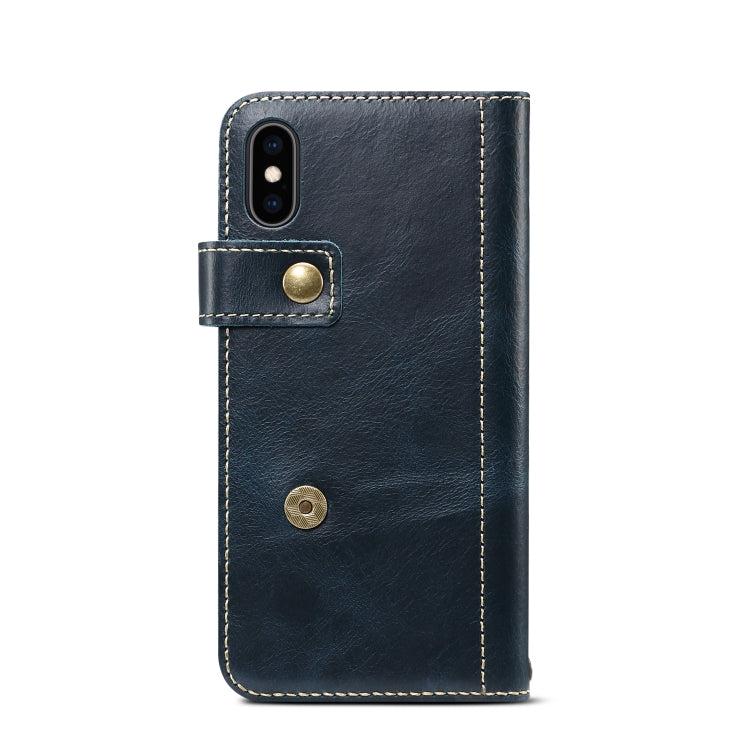 For iPhone X / XS Denior Oil Wax Cowhide DK Magnetic Button Horizontal Flip Leather Case with Holder & Card Slots & Wallet(Dark Blue) Eurekaonline