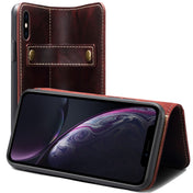 For iPhone X / XS Denior Oil Wax Cowhide DK Magnetic Button Horizontal Flip Leather Case with Holder & Card Slots & Wallet(Dark Red) Eurekaonline