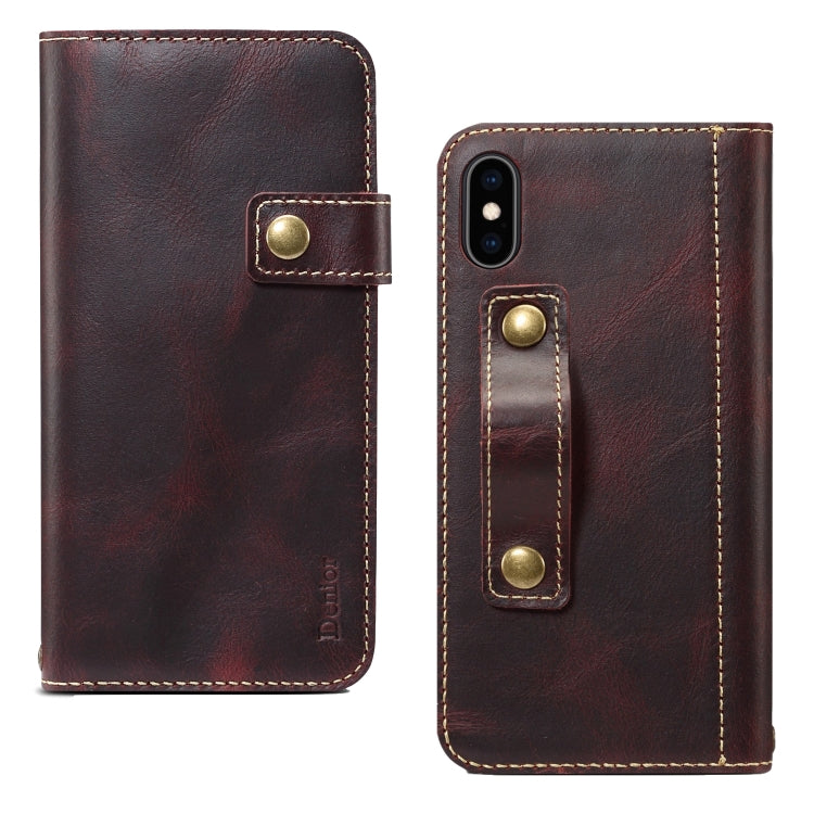 For iPhone X / XS Denior Oil Wax Cowhide DK Magnetic Button Horizontal Flip Leather Case with Holder & Card Slots & Wallet(Dark Red) Eurekaonline