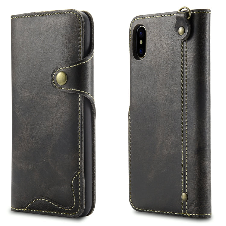  XS Denior Oil Wax Cowhide Magnetic Button Horizontal Flip Leather Case with Card Slots & Wallet(Black) Eurekaonline