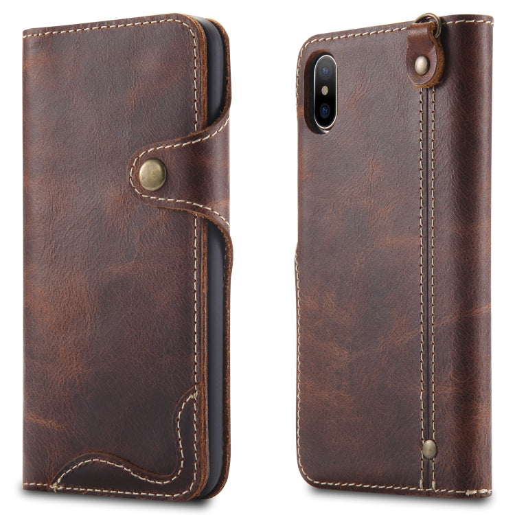  XS Denior Oil Wax Cowhide Magnetic Button Horizontal Flip Leather Case with Card Slots & Wallet(Brown) Eurekaonline