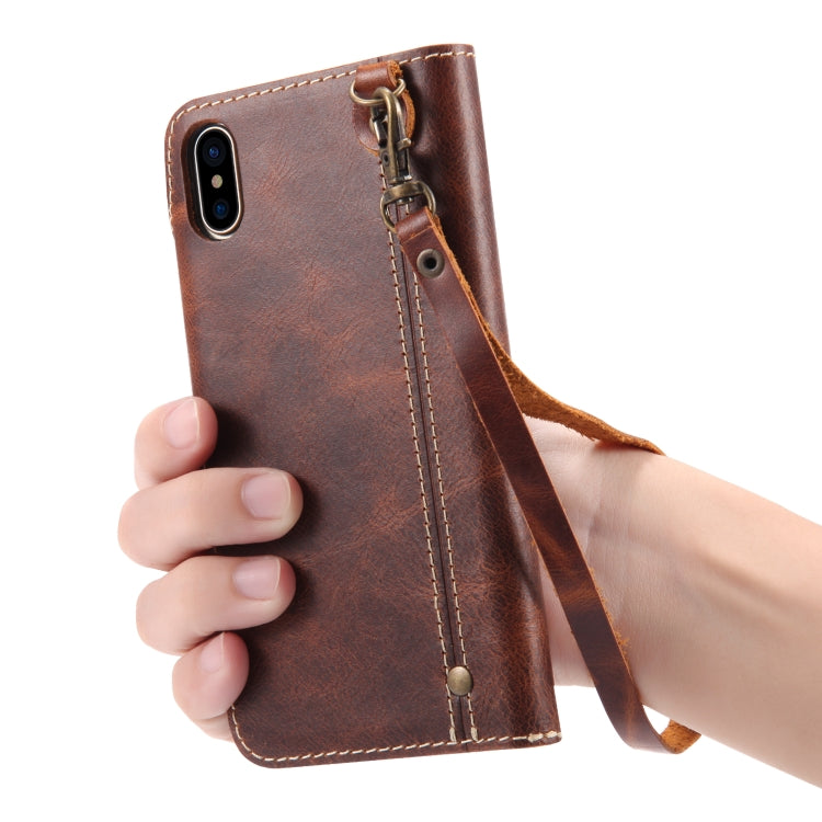 For iPhone X / XS Denior Oil Wax Cowhide Magnetic Button Horizontal Flip Leather Case with Card Slots & Wallet(Brown) Eurekaonline