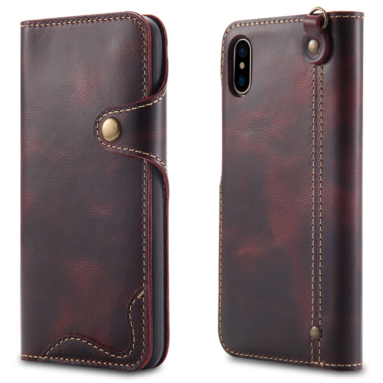 XS Denior Oil Wax Cowhide Magnetic Button Horizontal Flip Leather Case with Card Slots & Wallet(Dark Red) Eurekaonline