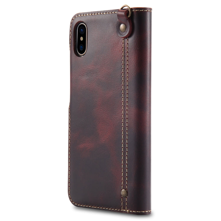 For iPhone X / XS Denior Oil Wax Cowhide Magnetic Button Horizontal Flip Leather Case with Card Slots & Wallet(Dark Red) Eurekaonline