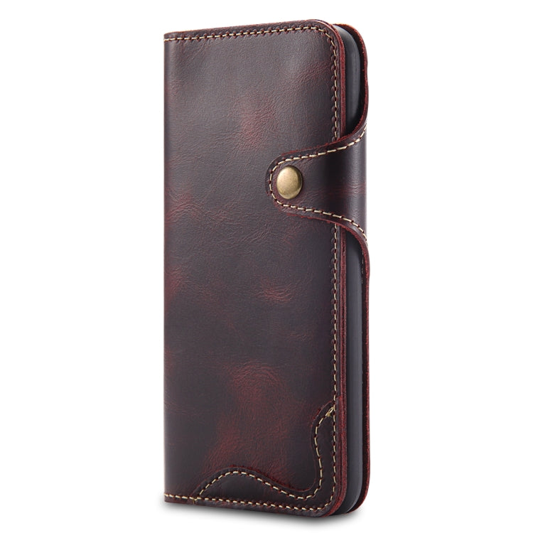  XS Denior Oil Wax Cowhide Magnetic Button Horizontal Flip Leather Case with Card Slots & Wallet(Dark Red) Eurekaonline