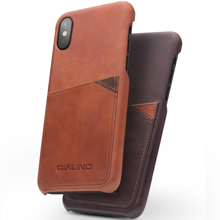 For iPhone X / XS QIALINO Shockproof Cowhide Leather Protective Case with Card Slot(Light Brown) Eurekaonline