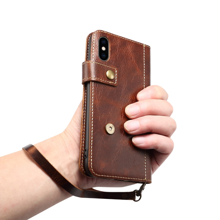 For iPhone XR Denior Oil Wax Cowhide DK Magnetic Button Horizontal Flip Leather Case with Holder & Card Slots & Wallet(Dark Red) Eurekaonline