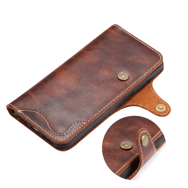 For iPhone XR Denior Oil Wax Cowhide Magnetic Button Horizontal Flip Leather Case with Card Slots & Wallet(Brown) Eurekaonline