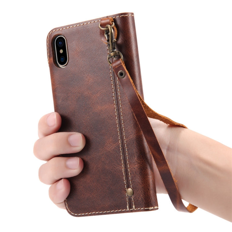 For iPhone XR Denior Oil Wax Cowhide Magnetic Button Horizontal Flip Leather Case with Card Slots & Wallet(Brown) Eurekaonline