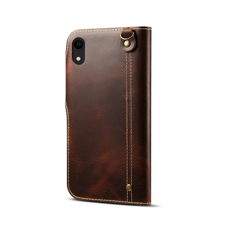 For iPhone XR Denior Oil Wax Cowhide Magnetic Button Horizontal Flip Leather Case with Card Slots & Wallet(Brown) Eurekaonline