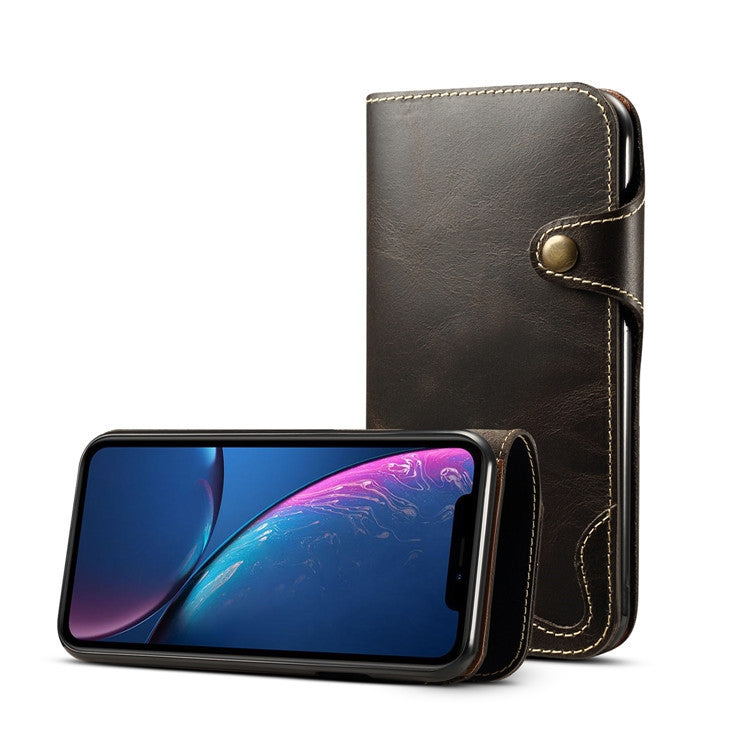 For iPhone XR Denior Oil Wax Cowhide Magnetic Button Horizontal Flip Leather Case with Card Slots & Wallet(Brown) Eurekaonline