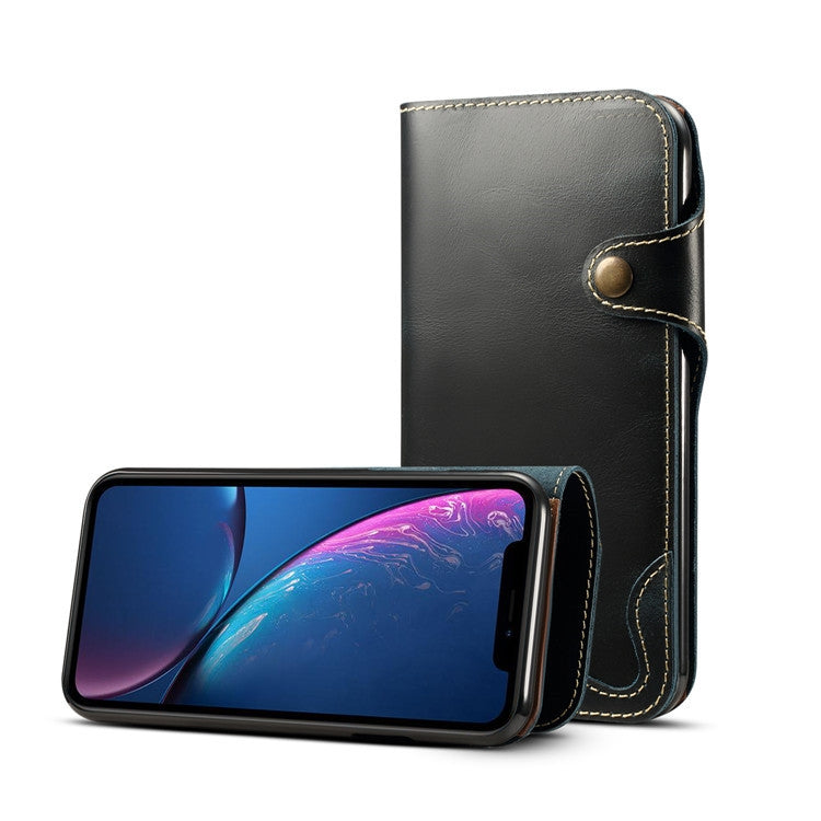 For iPhone XR Denior Oil Wax Cowhide Magnetic Button Horizontal Flip Leather Case with Card Slots & Wallet(Dark Blue) Eurekaonline