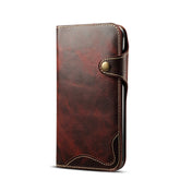 For iPhone XR Denior Oil Wax Cowhide Magnetic Button Horizontal Flip Leather Case with Card Slots & Wallet(Dark Red) Eurekaonline