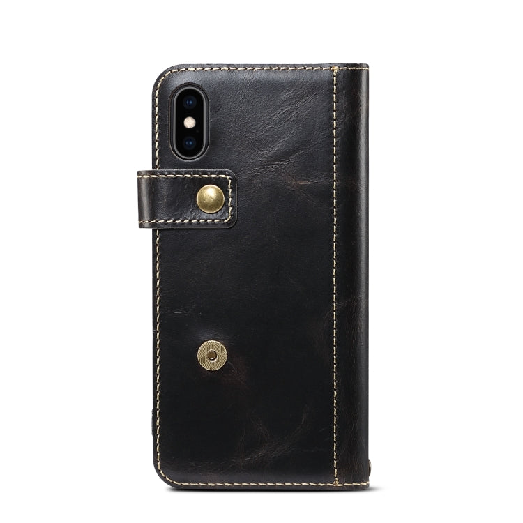 For iPhone XS Max Denior Oil Wax Cowhide DK Magnetic Button Horizontal Flip Leather Case with Holder & Card Slots & Wallet(Black) Eurekaonline