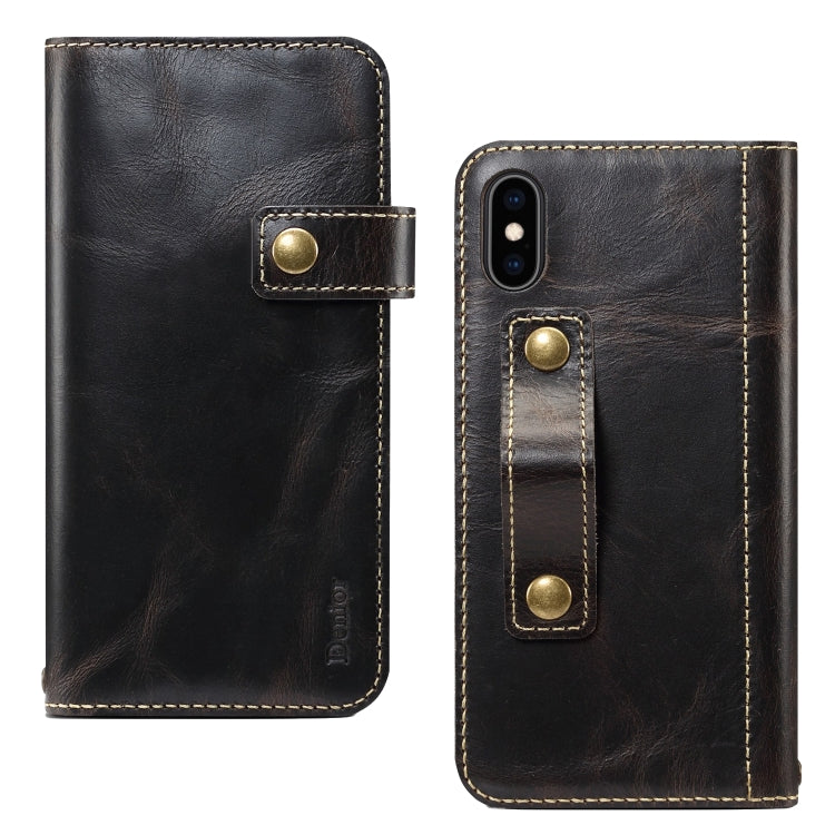 For iPhone XS Max Denior Oil Wax Cowhide DK Magnetic Button Horizontal Flip Leather Case with Holder & Card Slots & Wallet(Black) Eurekaonline