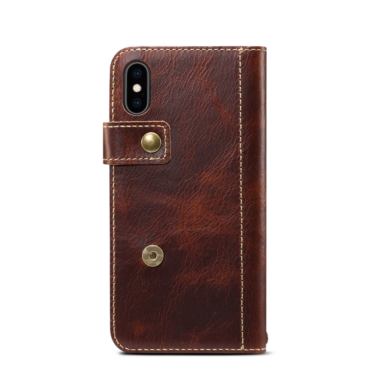 For iPhone XS Max Denior Oil Wax Cowhide DK Magnetic Button Horizontal Flip Leather Case with Holder & Card Slots & Wallet(Brown) Eurekaonline