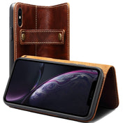 For iPhone XS Max Denior Oil Wax Cowhide DK Magnetic Button Horizontal Flip Leather Case with Holder & Card Slots & Wallet(Brown) Eurekaonline