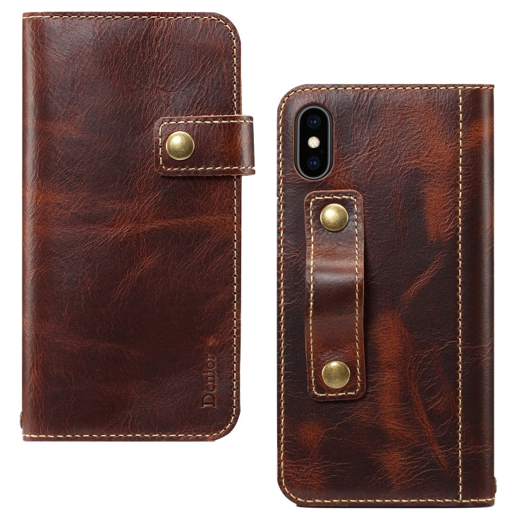 For iPhone XS Max Denior Oil Wax Cowhide DK Magnetic Button Horizontal Flip Leather Case with Holder & Card Slots & Wallet(Brown) Eurekaonline