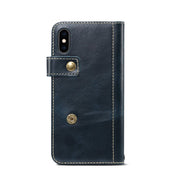 For iPhone XS Max Denior Oil Wax Cowhide DK Magnetic Button Horizontal Flip Leather Case with Holder & Card Slots & Wallet(Dark Blue) Eurekaonline