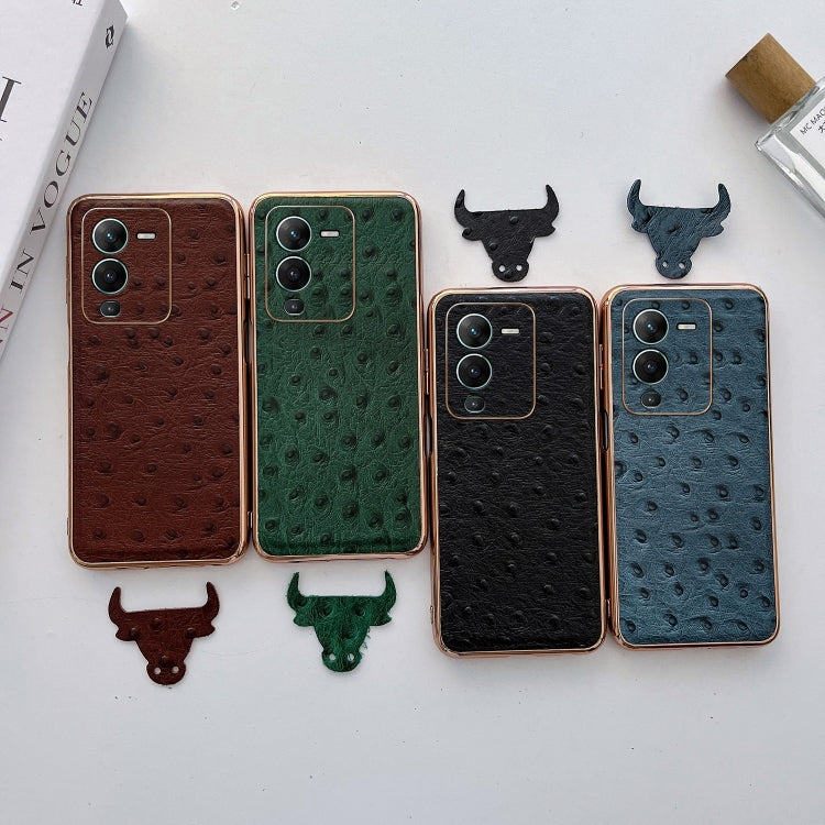 For vivo S15 5G Genuine Leather Ostrich Texture Nano Plating Phone Case(Coffee) Eurekaonline