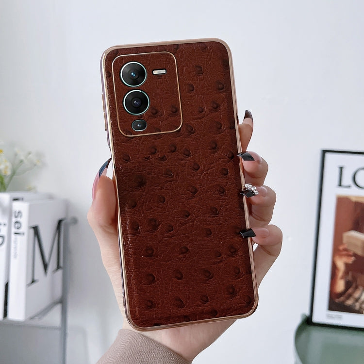 For vivo S15 5G Genuine Leather Ostrich Texture Nano Plating Phone Case(Coffee) Eurekaonline