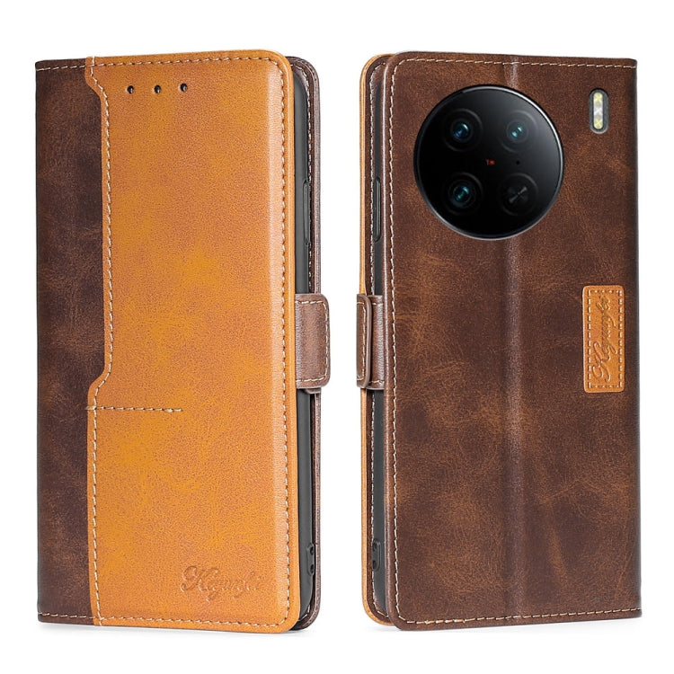For vivo X90 Pro 5G Contrast Color Side Buckle Leather Phone Case(Dark Brown + Gold) Eurekaonline