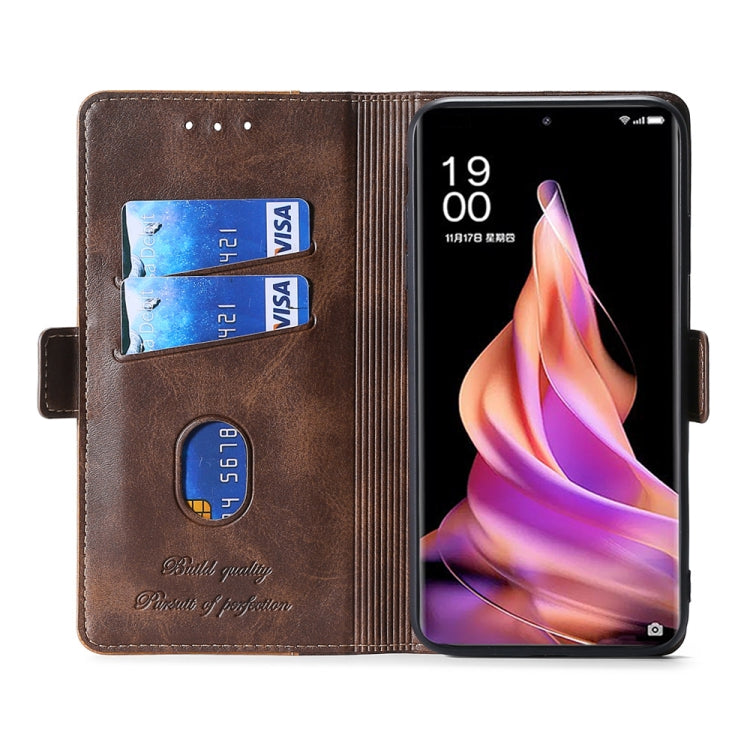 For vivo X90 Pro 5G Contrast Color Side Buckle Leather Phone Case(Dark Brown + Gold) Eurekaonline