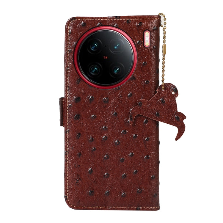 For vivo X90 Pro+ Ostrich Pattern Genuine Leather RFID Phone Case(Coffee) Eurekaonline