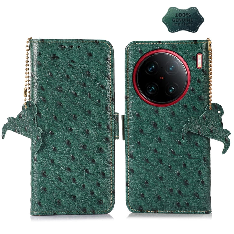 For vivo X90 Pro+ Ostrich Pattern Genuine Leather RFID Phone Case(Green) Eurekaonline