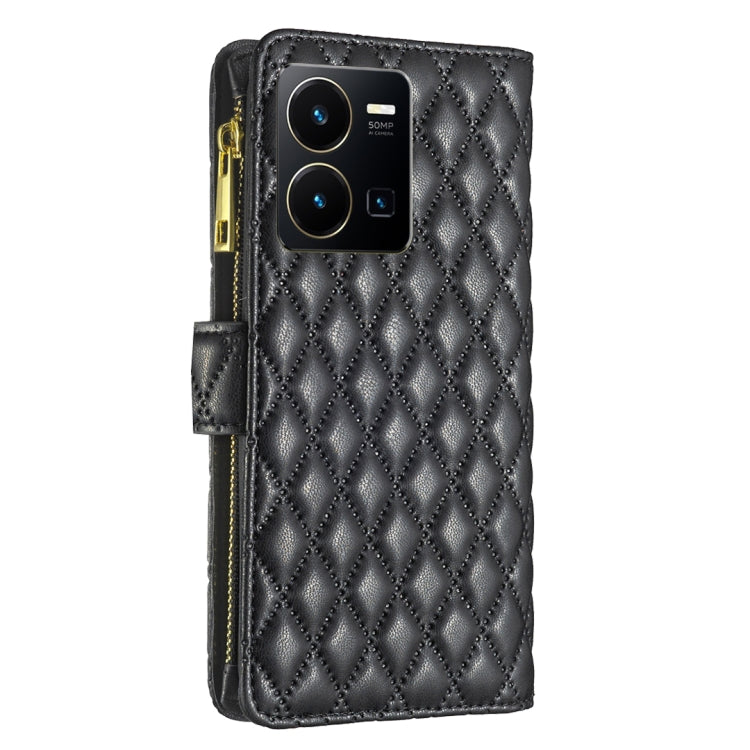 For vivo Y35/Y22 Diamond Lattice Zipper Wallet Leather Flip Phone Case(Black) Eurekaonline