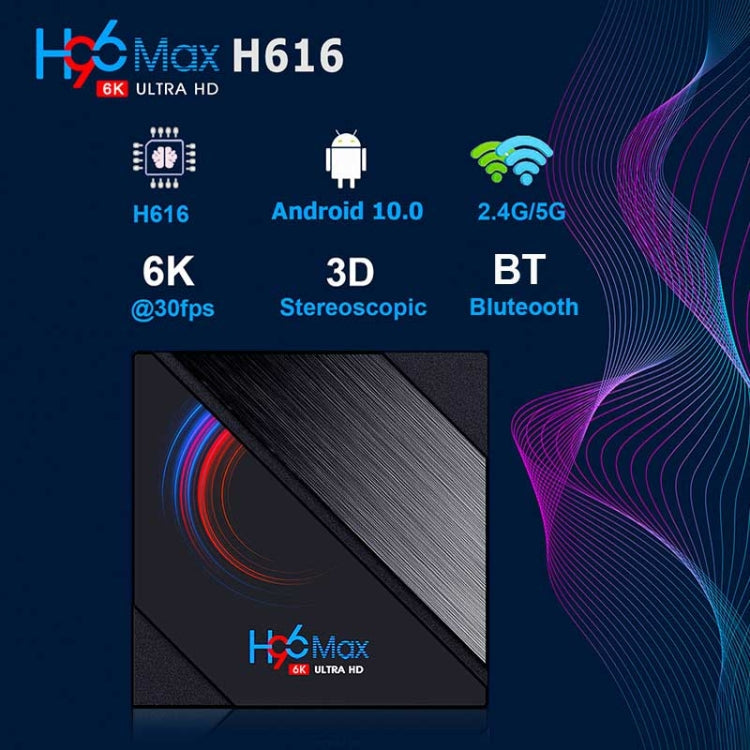 H96 Max 6K Ultra HD Smart TV Box with Remote Controller, Android 10.0, Allwinner H616 Quad Core ARM Cortex-A53, 4GB+64GB, Support TF Card / USBx2 / AV / HDMI / WIFI, UK Plug Eurekaonline