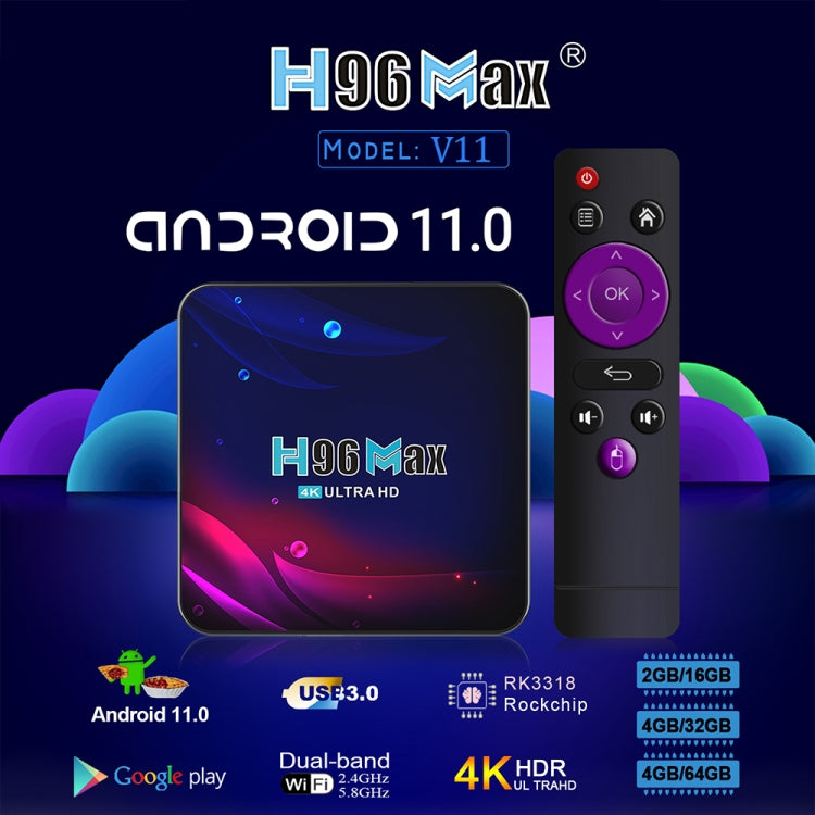 H96 Max V11 4K Smart TV BOX Android 11.0 Media Player with Remote Control, RK3318 Quad-Core 64bit Cortex-A53, RAM: 4GB, ROM: 64GB, Support Dual Band WiFi, Bluetooth, Ethernet, US Plug Eurekaonline