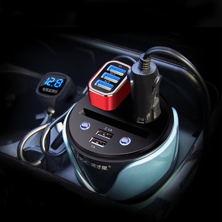 HSC YC-19D Car Cup Charger 2.1A/1A Dual USB Ports Car 12V-24V Charger with 2-Socket Cigarette, Card Socket and LED Display(Silver) Eurekaonline