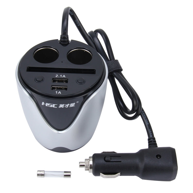 HSC YC-19D Car Cup Charger 2.1A/1A Dual USB Ports Car 12V-24V Charger with 2-Socket Cigarette, Card Socket and LED Display(Silver) Eurekaonline