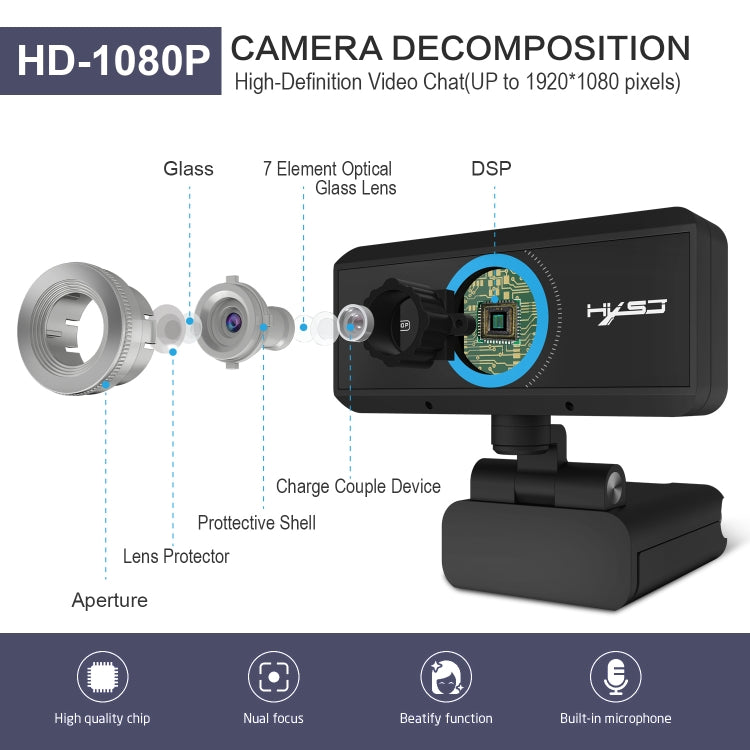 HXSJ S4 1080P Adjustable 180 Degree HD Manual Focus Video Webcam PC Camera with Microphone(Black) Eurekaonline