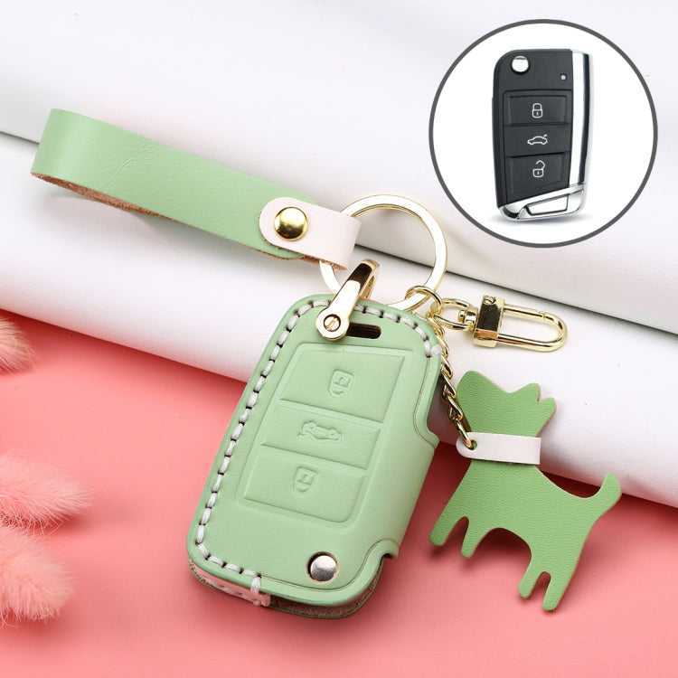 Hallmo Car Female Style Cowhide Leather Key Protective Cover for Volkswagen, B Type Folding (Grass Green) Eurekaonline