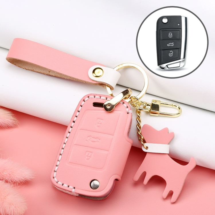 Hallmo Car Female Style Cowhide Leather Key Protective Cover for Volkswagen, B Type Folding (Pink) Eurekaonline