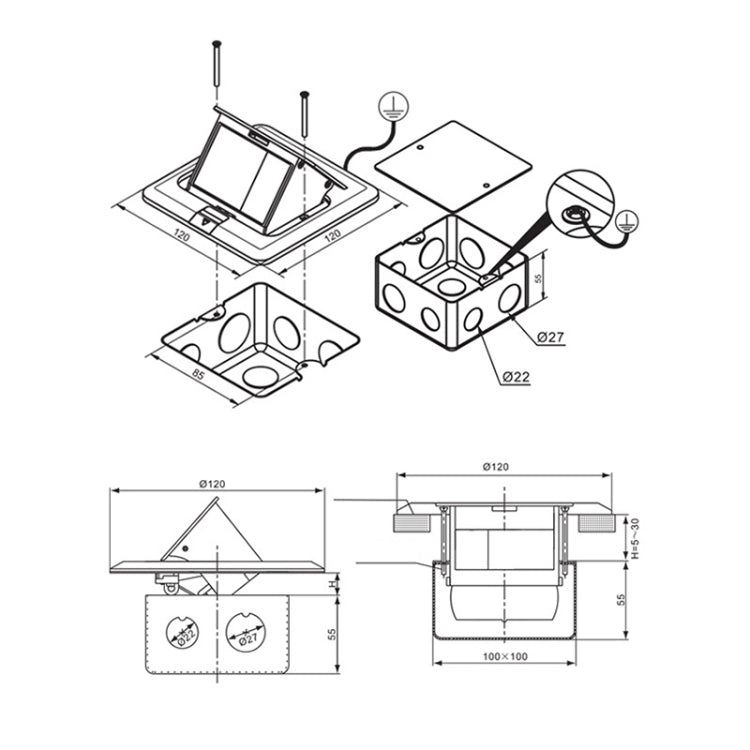 Hidden Pop-up Aluminum Alloy Computer Floor Socket with Cover Bottom Box, EU Plug Eurekaonline