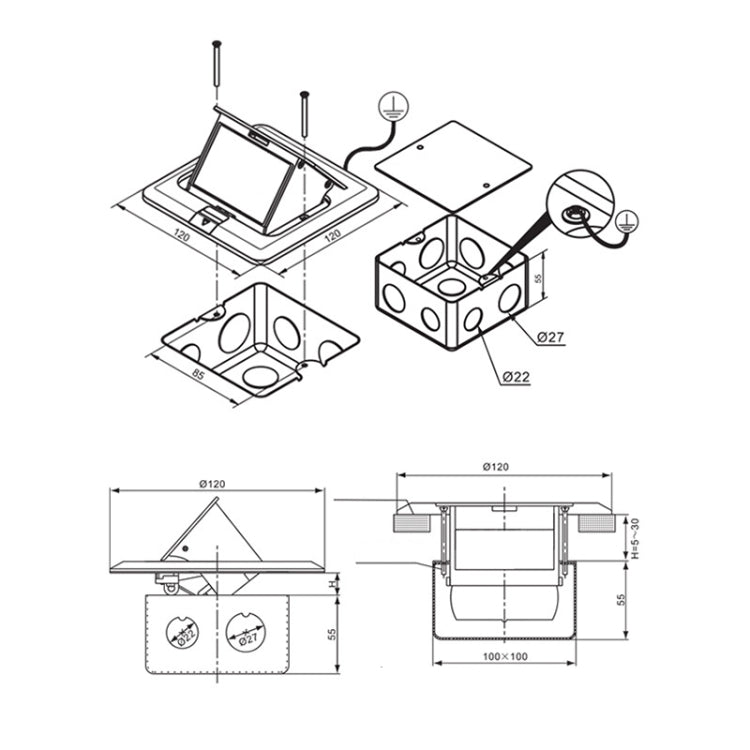 Hidden Pop-up Aluminum Alloy Computer Floor Socket with Cover Bottom Box, US Plug Eurekaonline