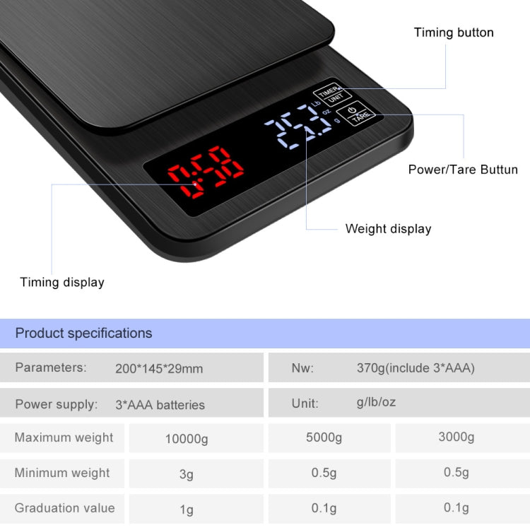 Household Hand-Pushed Coffee Scale USB-Powered Smart Kitchen Scale With Timing, Specification: 3kg/0.1g Eurekaonline