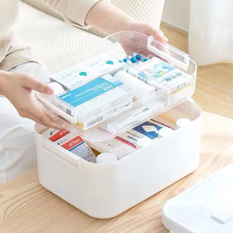 Household Portable Cosmetic Finishing Storage Box Large-capacity Family Safety Emergency Storage Box Double-layer Medicine Case, Size:L-28.5x19.5x18.5cm(White) Eurekaonline