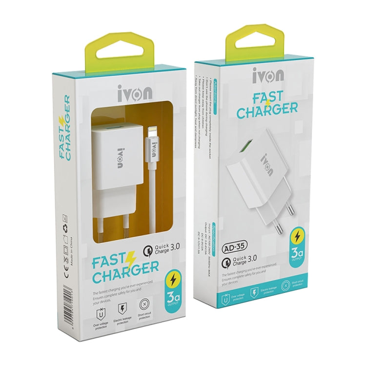 IVON AD-35 2 in 1 18W QC3.0 USB Port Travel Charger + 1m USB to 8 Pin Data Cable Set, EU Plug(White) Eurekaonline