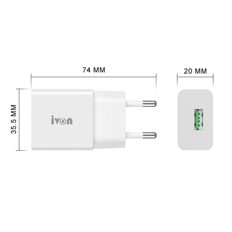 IVON AD-35 2 in 1 18W QC3.0 USB Port Travel Charger + 1m USB to 8 Pin Data Cable Set, EU Plug(White) Eurekaonline