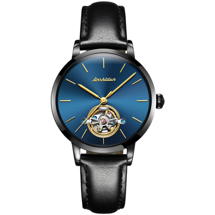 JIN SHI DUN 8812 Women Simple Hollowed Waterproof Automatic Mechanical Watch(Black Leather Strip Blue) Eurekaonline