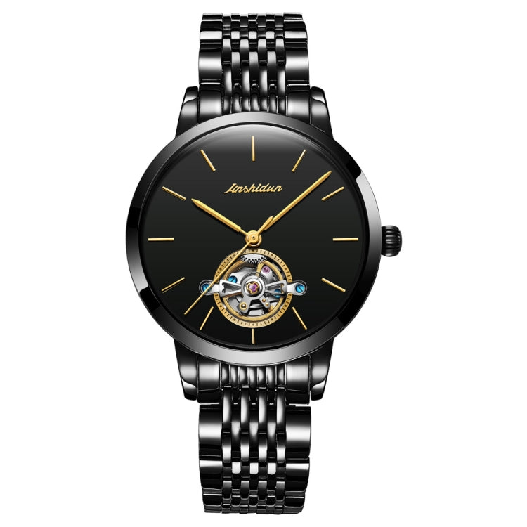 JIN SHI DUN 8812 Women Simple Hollowed Waterproof Automatic Mechanical Watch(Black Steel Strip) Eurekaonline