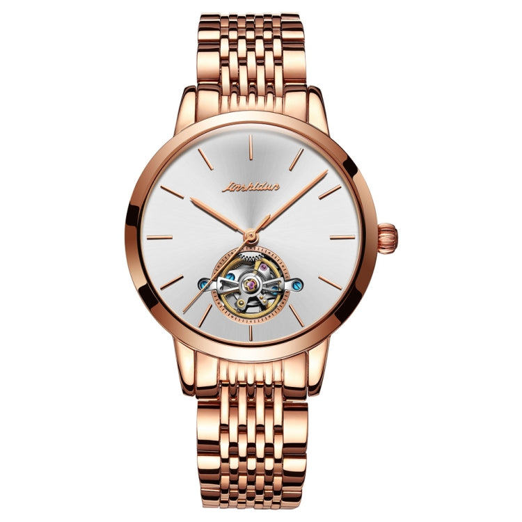 JIN SHI DUN 8812 Women Simple Hollowed Waterproof Automatic Mechanical Watch(Rose Gold Steel Strip White) Eurekaonline