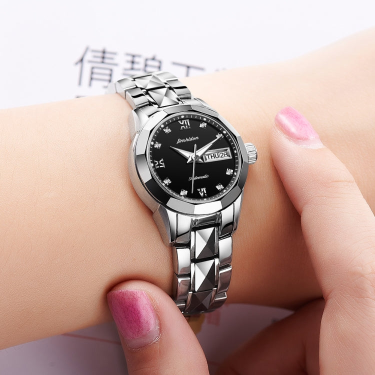 JIN SHI DUN 8813 Fashion Waterproof Luminous Automatic Mechanical Watch, Style:Women(Silver Black) Eurekaonline