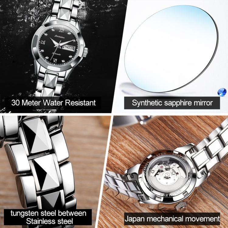 JIN SHI DUN 8813 Fashion Waterproof Luminous Automatic Mechanical Watch, Style:Women(Silver Black) Eurekaonline